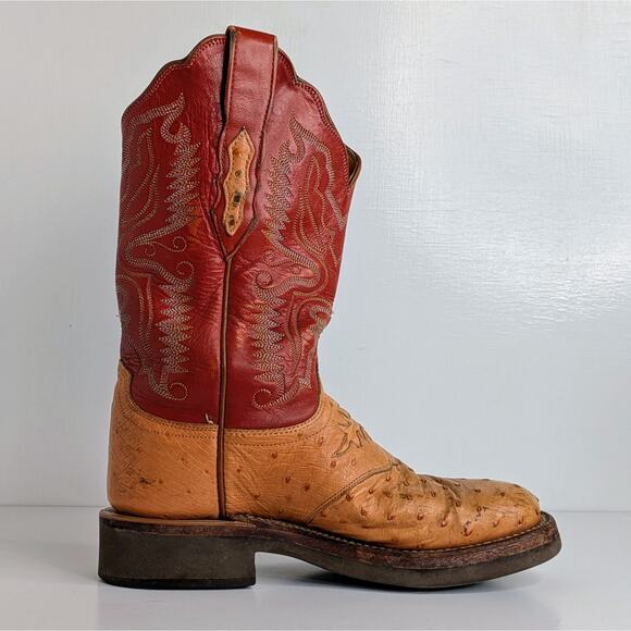 Lucchese Ostrich Goat Skin Boots 7 Red Tan Western Cowgirl Aesthetic Vintage - Picture 11 of 16